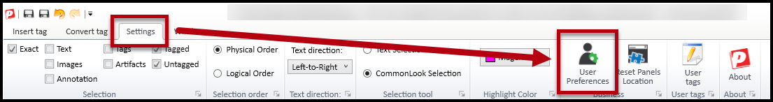 The User Preferences button is highlighted in the Ribbon on the Settings tab. 