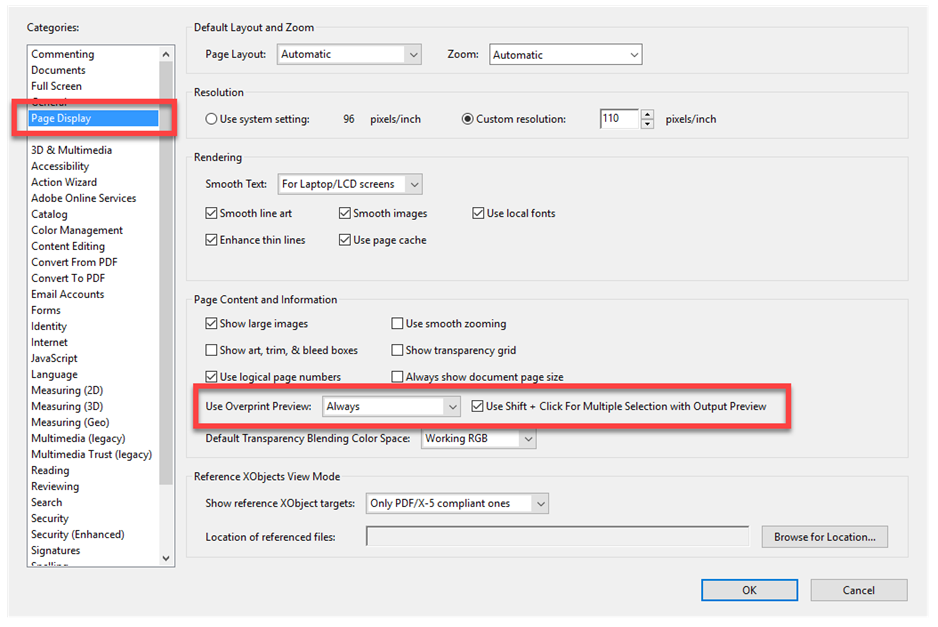 Page display of the preferences dialog box in Acrobat showning Overprint Preview set to Always.  