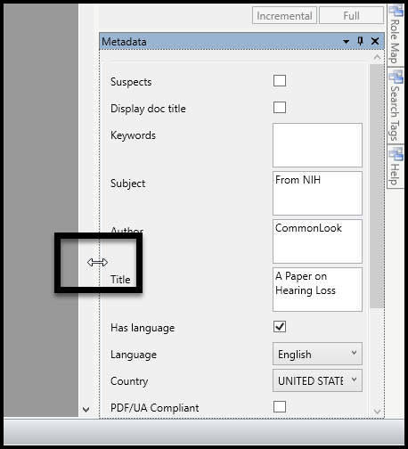 Screenshot showing the mouse over the left edge of the Metadata panel.  The pointer arrow has become a double arrow, implying that the window can be resized. 