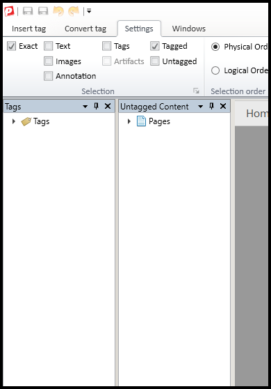 The Untagged Content panel has been placed and now, in CommonLook PDF, it appears immediately to the right of the Tags panel. 