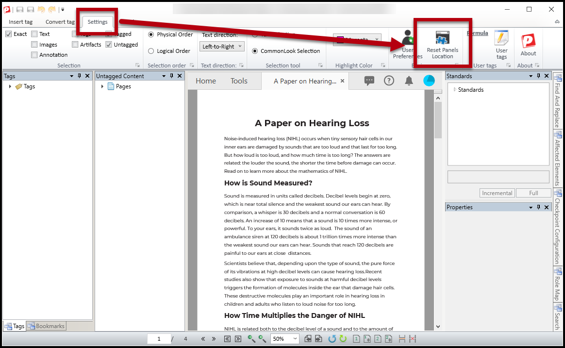CommonLook PDF is open, the Settings tab in the toolbar is highlighted as is the Reset Panels Location button in the ribbon on the Settings tab. (The Tags and Untagged Content panels appear next to each other on the left side of the user interface.) 