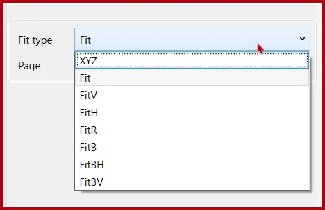 The FIt Type options when setting the properties for a Named Destination.