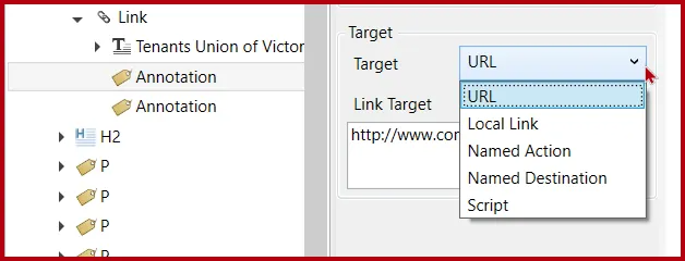 The drop-down menu displaying link Annotation target options.