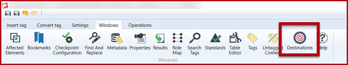 The Windows tab in CommonLook PDF. The Destinations button is highlighted. 
