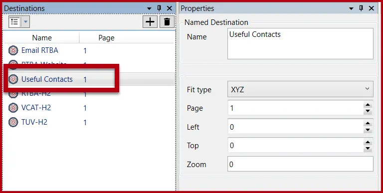 A named destination is highlighted and its properties are displayed. 
