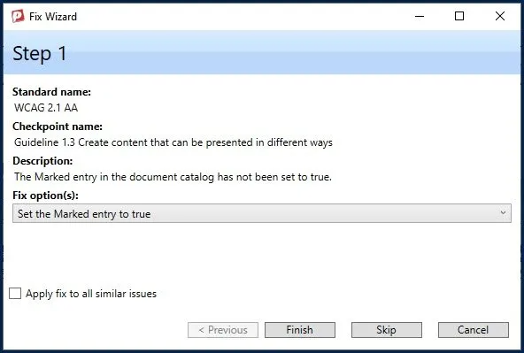 The Fix Wizard dialog box, in CL PDF, to "Mark" the PDF as tagged. 