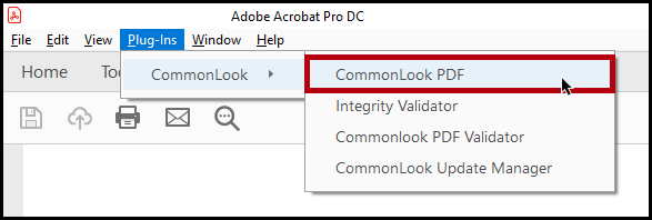 The Plug-Ins tab in Acrobat is selected and the option to open CommonLook highlighted.  