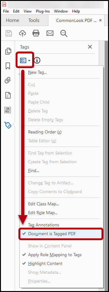 The Options menu in the Acrobat tags panel.  The option to check "Document is Tagged PDF is highlighted.  