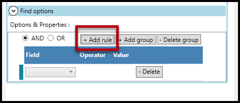 The Add Rule button is highlighted in the Search Tags Find Options panel. 