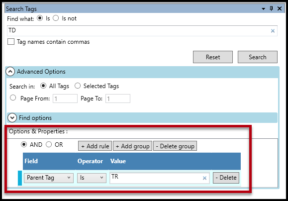 Screenshot showing Options and Properties for the search as described in the preceding sentence. 