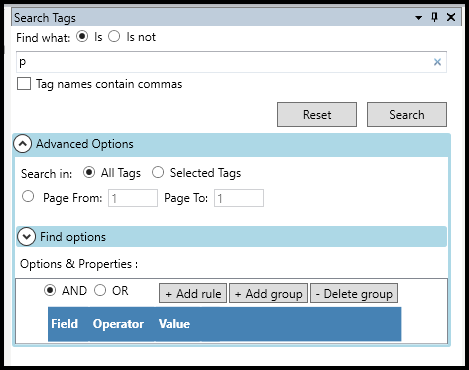 Screenshot of the Search Tags panel with the Advanced Options and Find options menus open. 