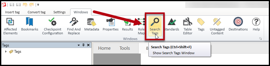 Screenshot of the Search Tags button highlighted in the Ribbon on the Windows tab. 