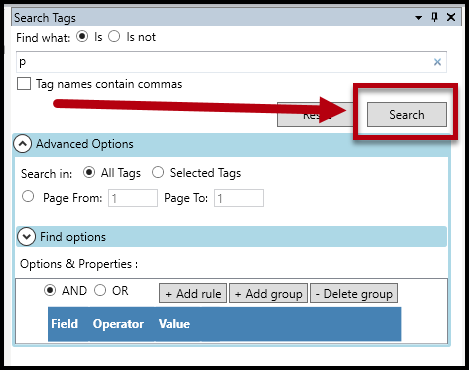 The Search button is highlighted in the Search Tags panel.  