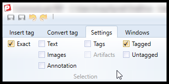 Screenshot of the Selection section of the Settings tab with only Exact and Tagged checked. 
