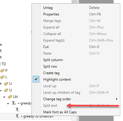 Screenshot of a context menu opened on a text run.  The option for "Split Text" is grayed out. 