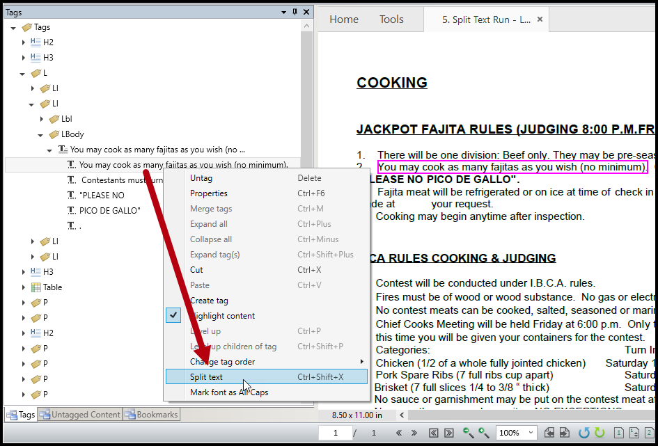 The text run is selected, the context menu is open, and the option to Split text is highlighted.  