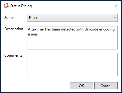 The Status Dialog Box in CommonLook PDF, indicating a failure for Unicode encoding issues.
