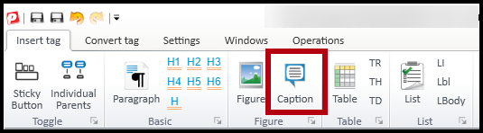 The Insert tag tab with the button to create a Caption tag highlighted.  