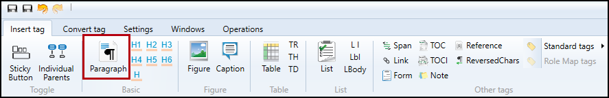 The button to insert a Paragraph tag is highlighted in the ribbon on the Insert tag tab.