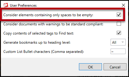 The User Preferences dialog with the checkbox checked to "Consider elements containing only spaces to be empty."  