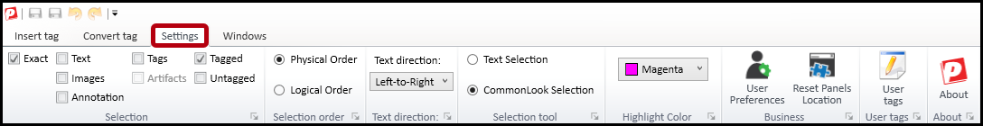 The Settings tab in the ribbon.  