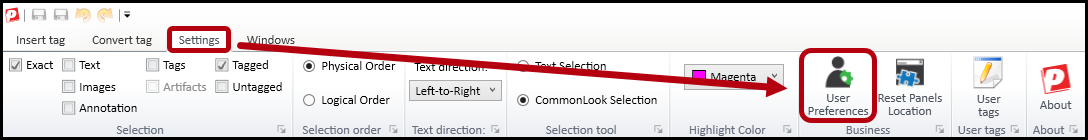 The User Preferences button in the Settings tab.  