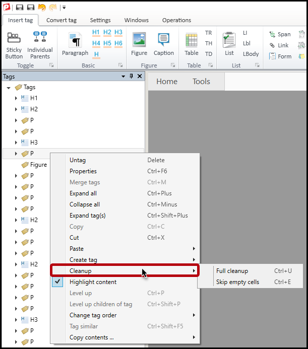 A tag is selected in the Tags tree, the context menu is open, and the Cleanup options are displayed.  