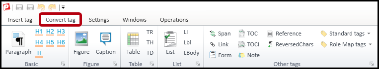The Convert Tag tab in the CommonLook PDF ribbon.  