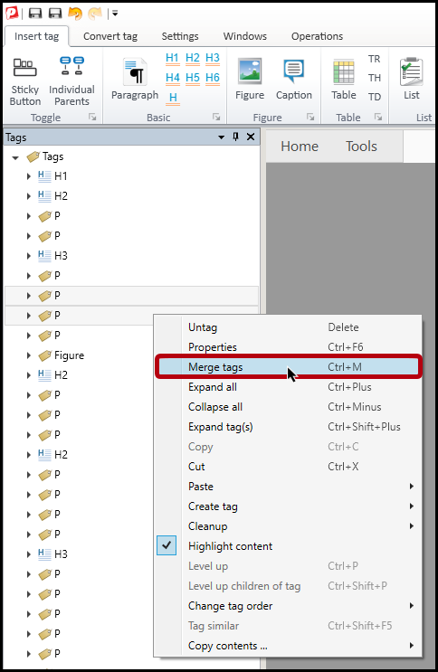 Two tags are selected in the Tags tree, the context menu is open, and the option to Merge Tags is highlighted.   