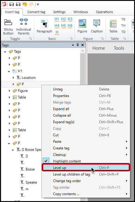 A tag is selected in the Tags tree and the context menu showing "level up" is highlighted.  