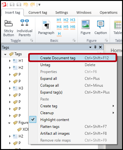 The context menu trom right clicking on the Tags root, showing the option to Create Document tag. 