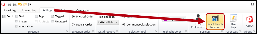The Reset Panels Location button in the Settings tab on the ribbon.  