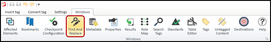 The Find and Replace button in the Windows tab on the ribbon.  