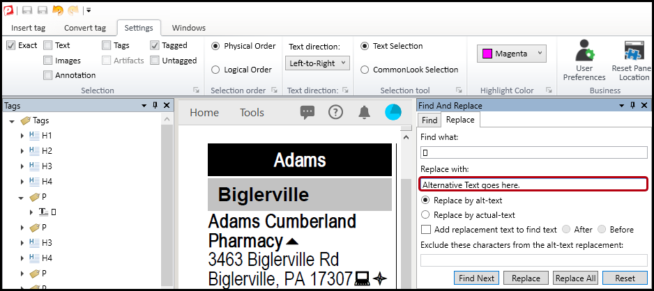 The "Replace with" text field is highlighted in the Find and Replace panel in CommonLook.  