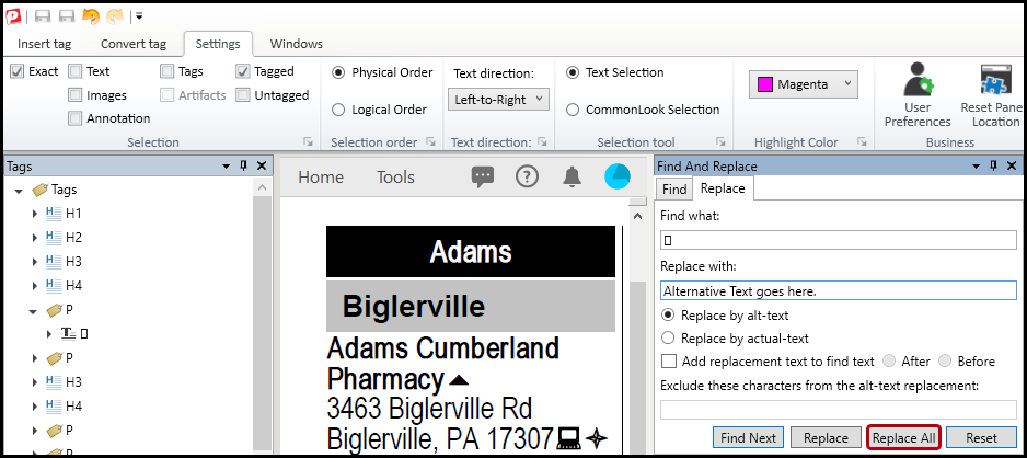 The "Replace All" button is highlighted in the Find and Replace panel in CommonLook.  