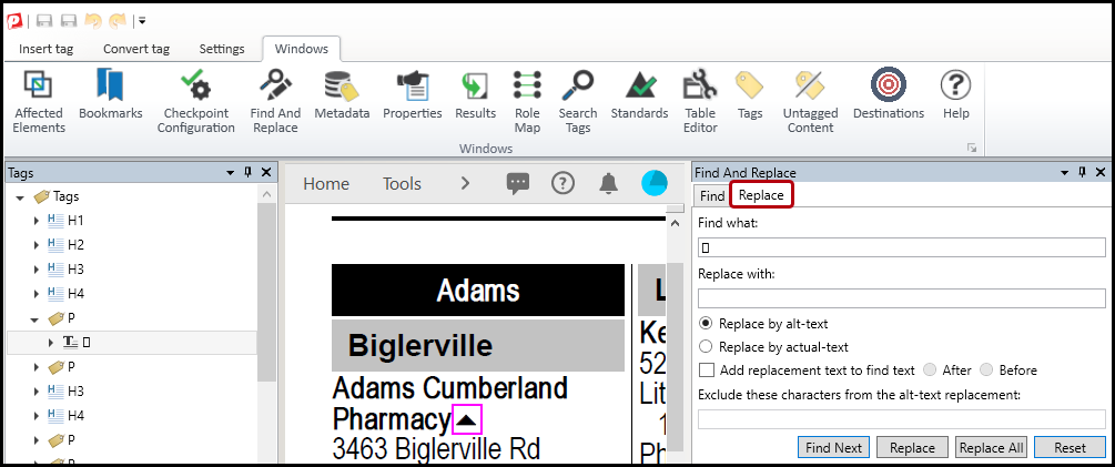 The Find and Replace panel in CommonLook.  The tab for "Replace by alt text" is highlighted.  