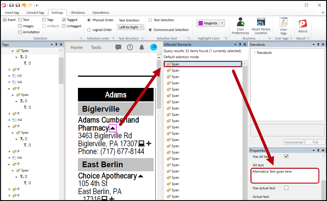 The Affected Elements panel is open, a Span tag is selected, and that Span tag's alternative text is highlighted.  