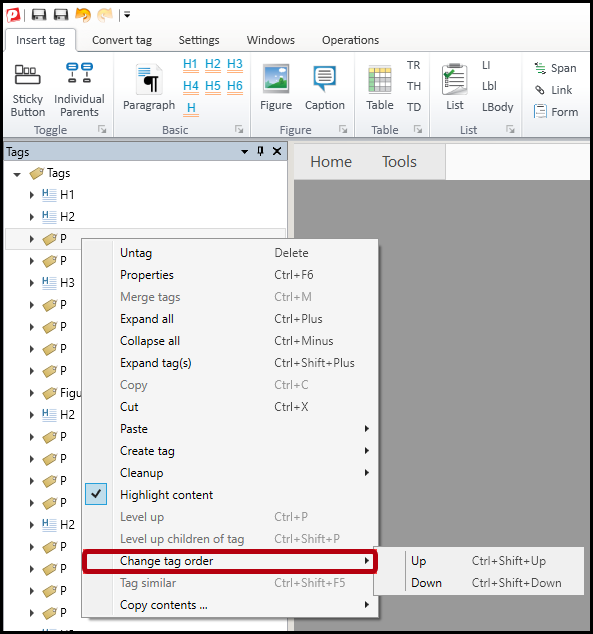 The context menu for a tag is open and the change tag order options are highlighted.