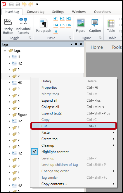 The context menu for a tag.  Cut is highlighted.  