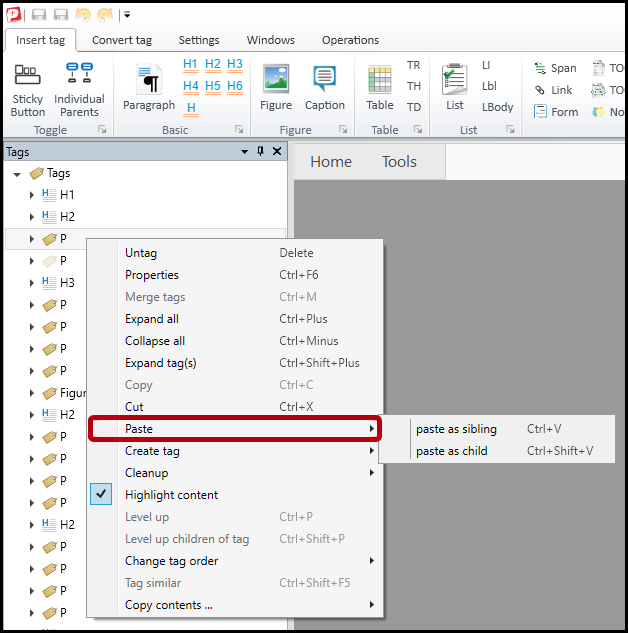 The context menu is open for a tag and the paste options are highlighted. 