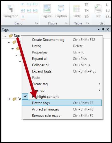 Screenshot of the context menu open from the Tags root and "Flatten Tags" is highlighted. 