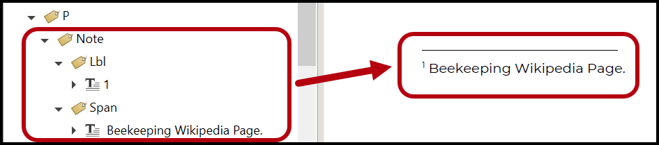 Screenshot showing a Note tag containing a label tag and a Span tag as described in the preceding paragraph.   