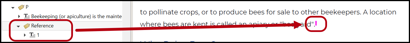 The reference number 1 is highlighted in the physical view.  In the tags, the number 1 is in a Reference tag which is placed inside a Paragraph tag with the rest of the text of the paragraph. 