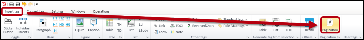 The insert tag tab with the pagination button highlighted.  