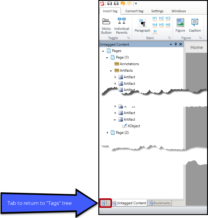 The untagged content panel with the tab to return to the tags tree highlighted at the bottom left.  