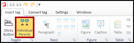 The Insert Tag tab in the CommonLook PDF ribbon with Individual Parents highlighted. 