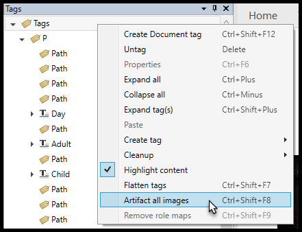 Screenshot showing the Tags root context menu with "Artifact all images" selected.