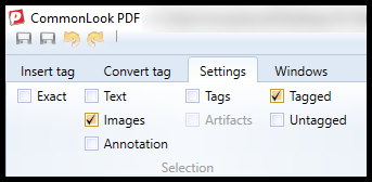 Screenshot of the Settings tab of CommonLook PDF showing "Images" and "Tagged" checked under the "Selection" group.