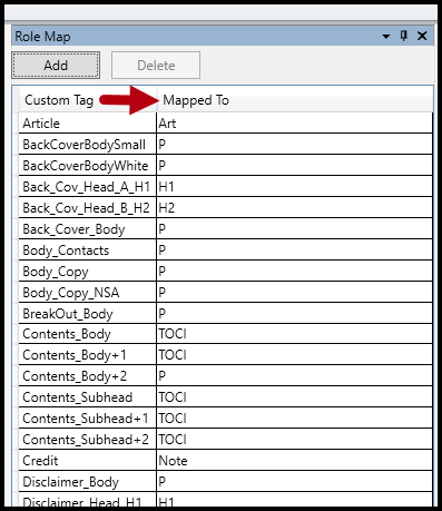 The Role Map panel open with the Custom tag and Mapped To columns highlighted.  
