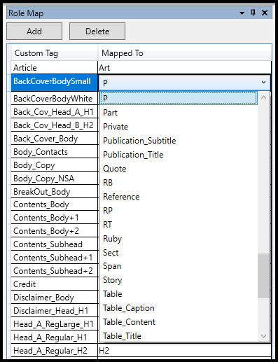 The Role map panel with custom tags and options to change tag types. 